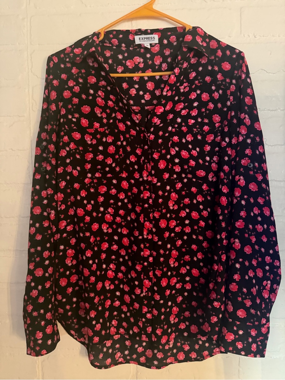 Express Black Blouse with Pink Rose Print